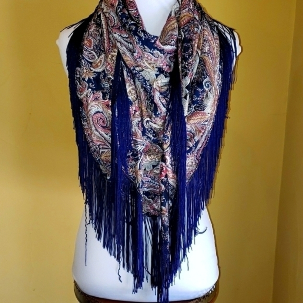 Gorgeous Navy Rust Cream‎ Paisley Scarf w/ Navy Blue Long Fringe - Picture 3 of 6